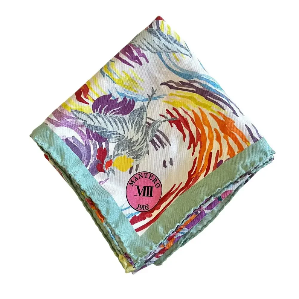 Mantero 1902 Colorful Floral Phoenix Bird Silk Twill Neckerchief Square Scarf